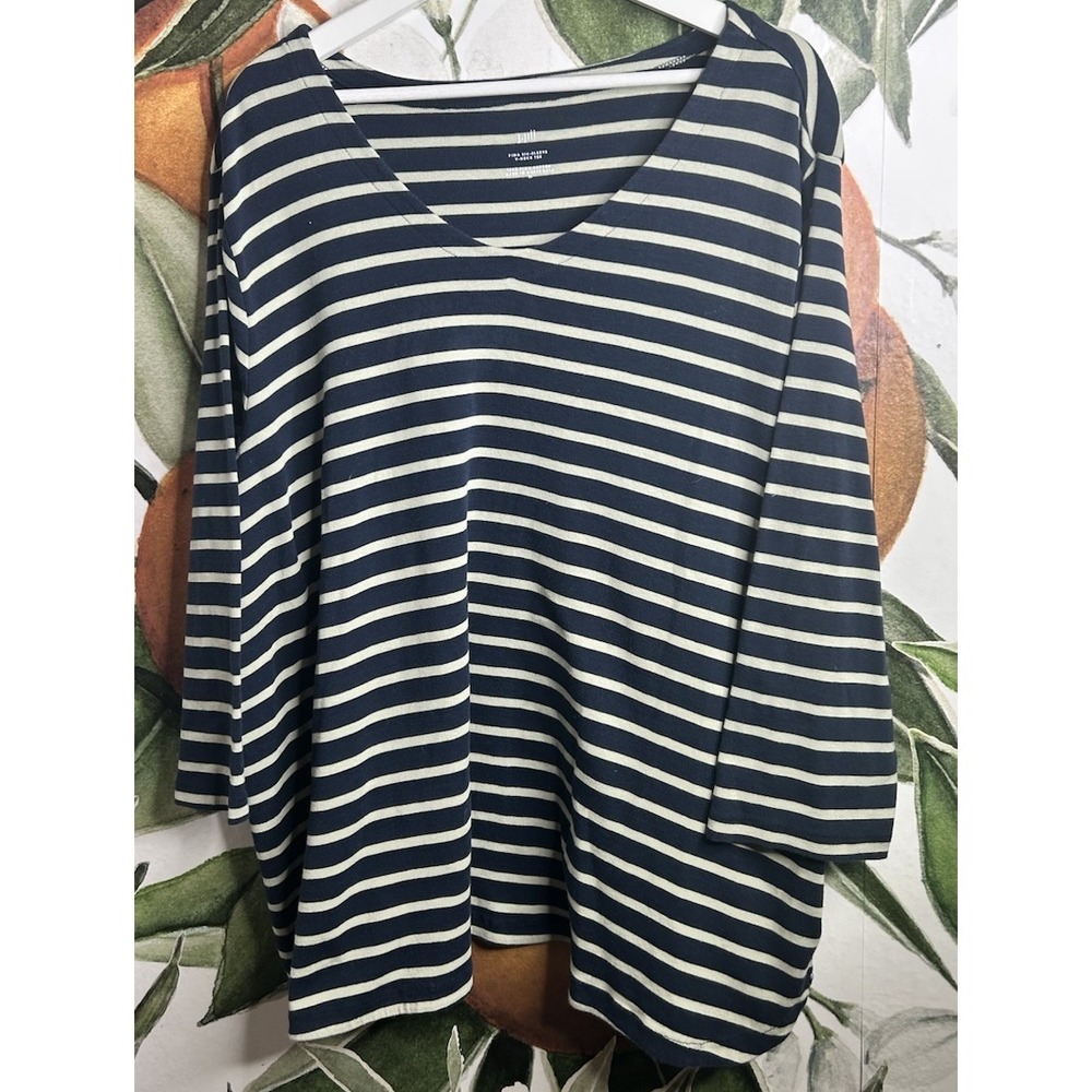 J Jill Womens Plus 3X Blue Striped Pima Cotton Boatneck 3/4 Sleeve Tee Casual